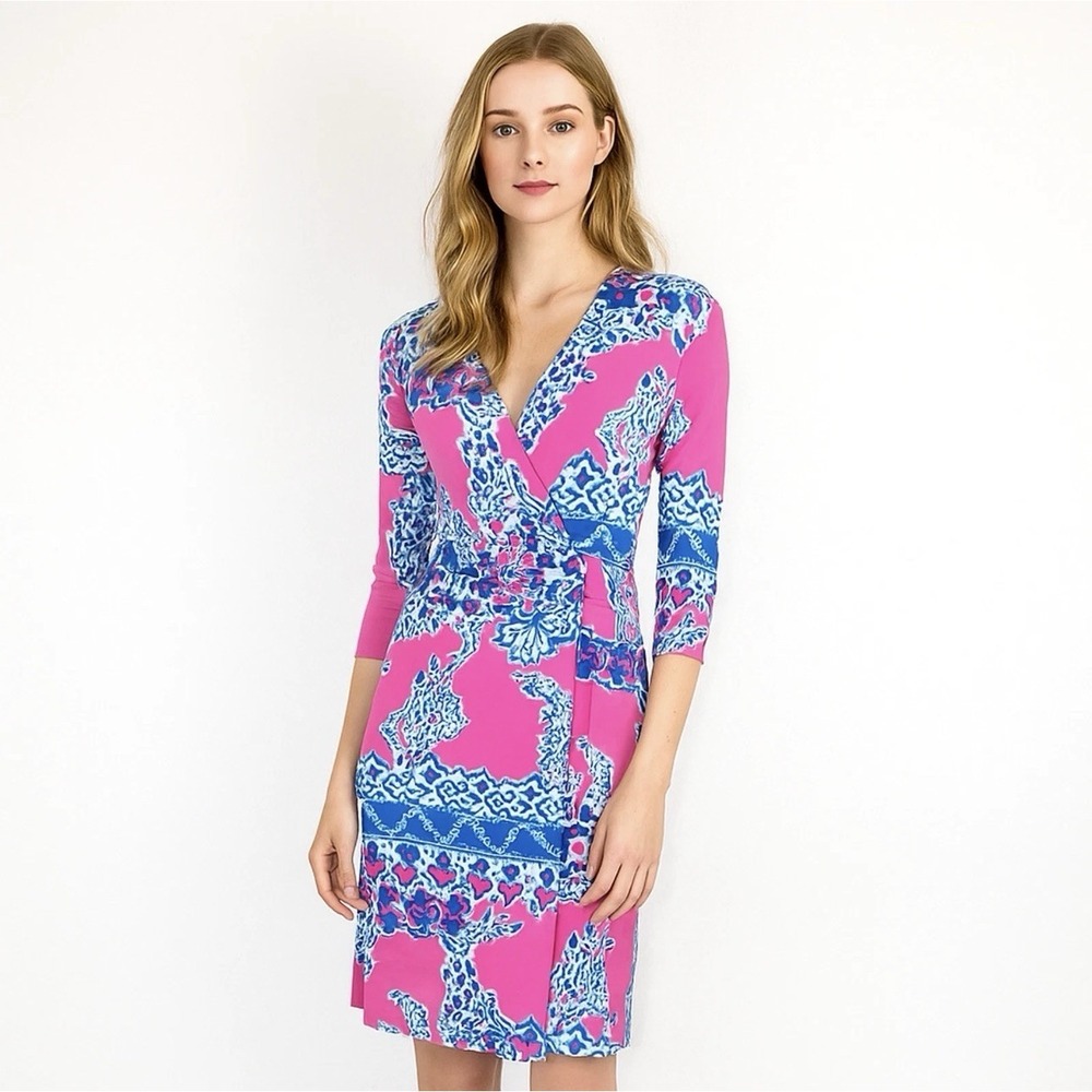 Lilly Pulitzer Sz‎ M Yvette Faux Wrap Dress Pop Pink In The Square Stretch
